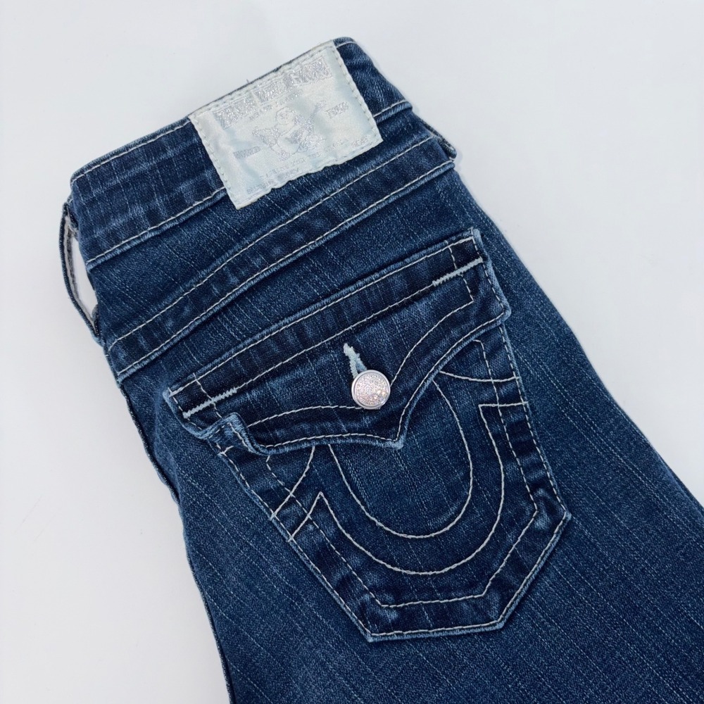True Religion Becky Bootcut Jeans Dark Wash Crystal Buttons Made in USA Size 27